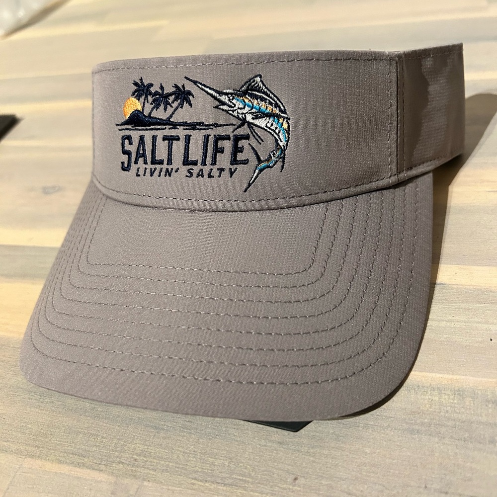 SALT LIFE Hat Cap Visor Livin' Salty Marlin Deep Sea Fishing Sportsman Gray NEW